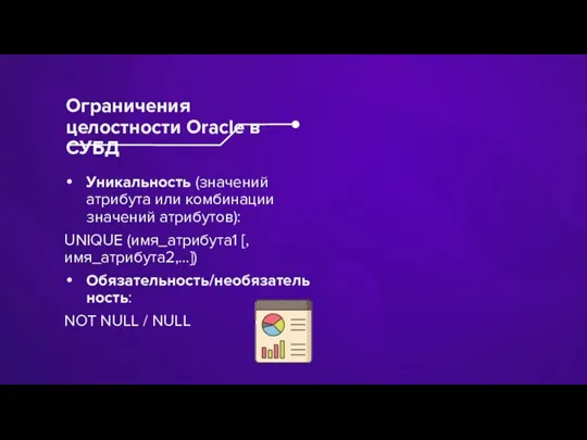 Уникальность (значений атрибута или комбинации значений атрибутов): UNIQUE (имя_атрибута1 [,имя_атрибута2,...]) Обязательность/необязательность: NOT