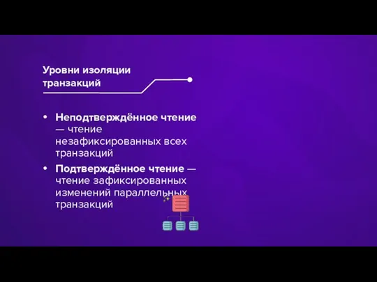 Неподтверждённое чтение — чтение незафиксированных всех транзакций Подтверждённое чтение — чтение зафиксированных