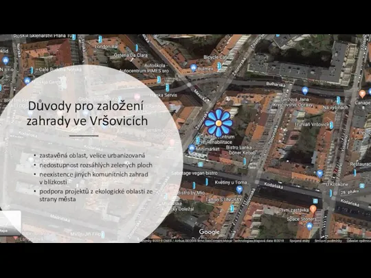 Důvody pro založení zahrady ve Vršovicích zastavěná oblast, velice urbanizovaná nedostupnost rozsáhlých