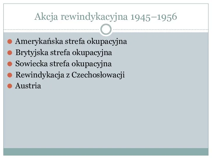 Akcja rewindykacyjna 1945–1956 Amerykańska strefa okupacyjna Brytyjska strefa okupacyjna Sowiecka strefa okupacyjna Rewindykacja z Czechosłowacji Austria