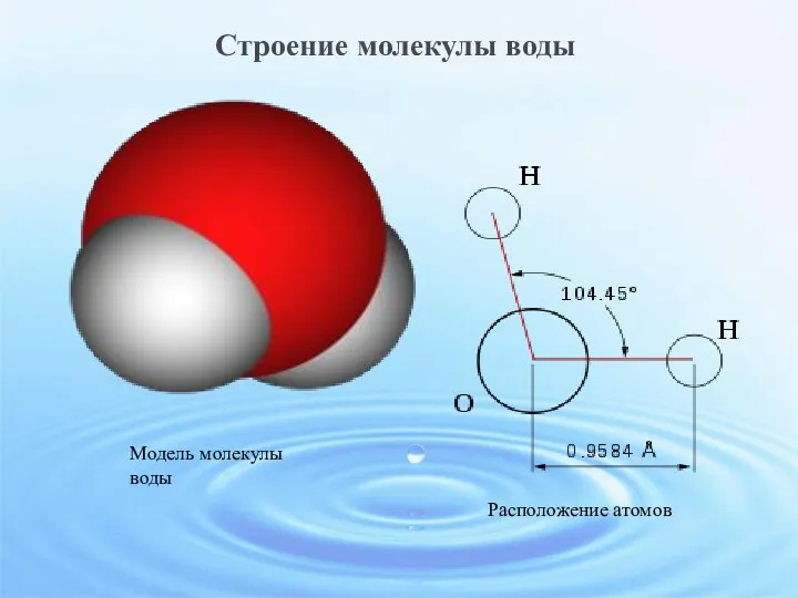 Строение молекулы воды Модель молекулы воды Расположение атомов