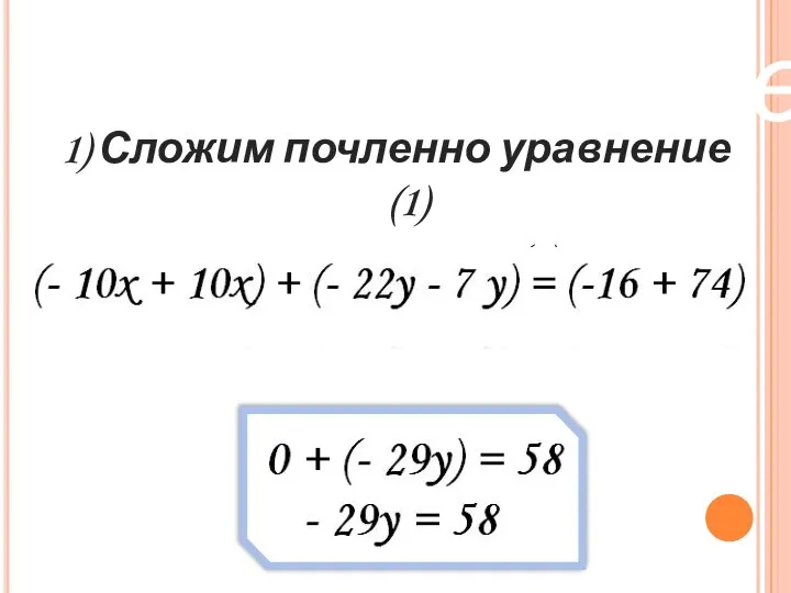 Метод сложения 1) Сложим почленно уравнение (1) и уравнение (2) 2) Упрощаем