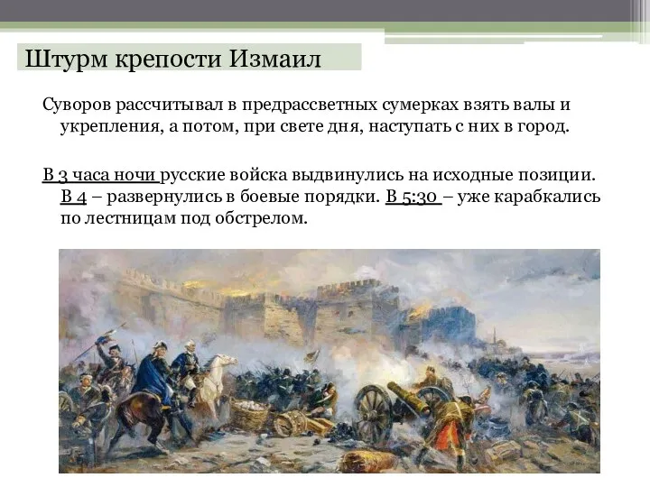 Штурм крепости Измаил Суворов рассчитывал в предрассветных сумерках взять валы и укрепления,