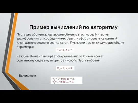 Пример вычислений по алгоритму Пусть два абонента, желающие обмениваться через Интернет зашифрованными