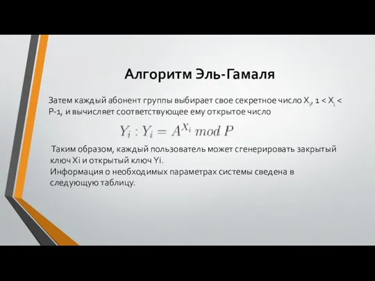 Алгоритм Эль-Гамаля Затем каждый абонент группы выбирает свое секретное число Хi, 1