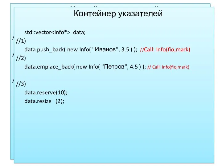 Контейнер указателей std::vector data; //1) data.push_back( new Info( "Иванов", 3.5 ) );