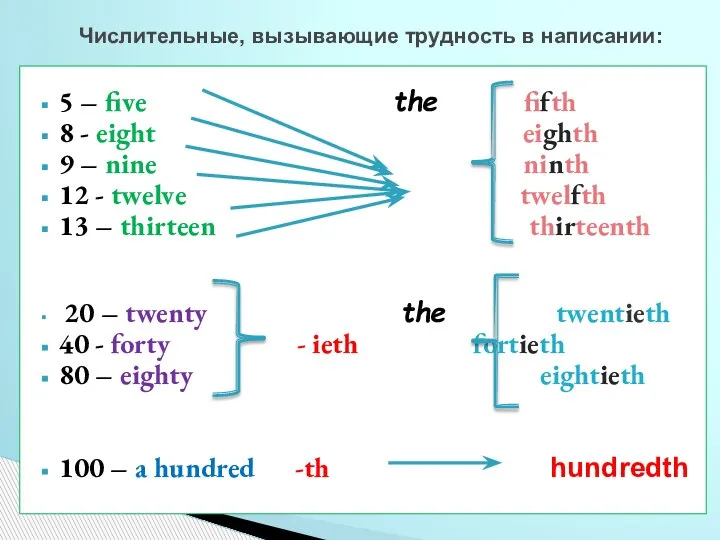 th 5 – five the fifth 8 - eight eighth 9 –