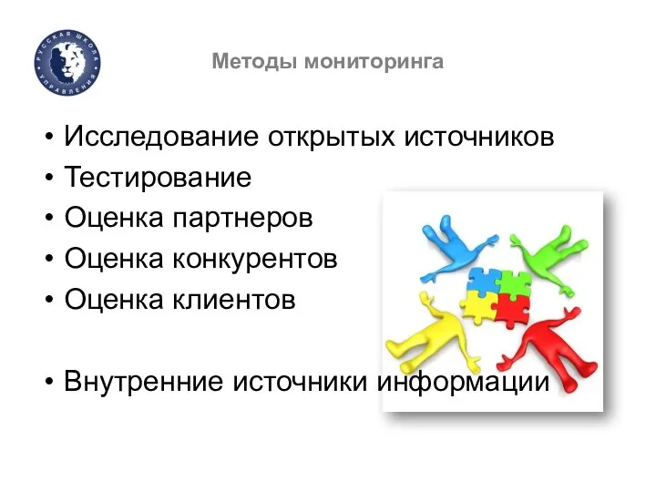 Методы мониторинга Исследование открытых источников Тестирование Оценка партнеров Оценка конкурентов Оценка клиентов Внутренние источники информации