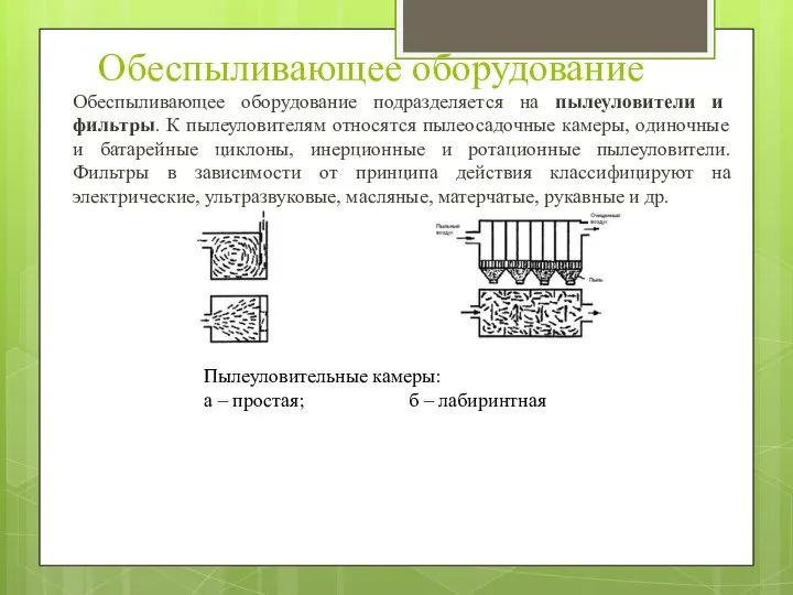 Обеспыливающее оборудование Обеспыливающее оборудование подразделяется на пылеуловители и фильтры. К пылеуловителям относятся