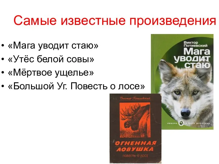 Самые известные произведения «Мага уводит стаю» «Утёс белой совы» «Мёртвое ущелье» «Большой Уг. Повесть о лосе»