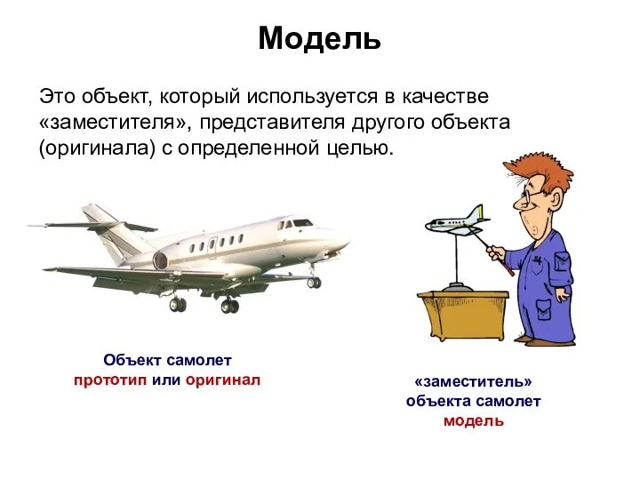 Модель Это объект, который используется в качестве «заместителя», представителя другого объекта (оригинала)