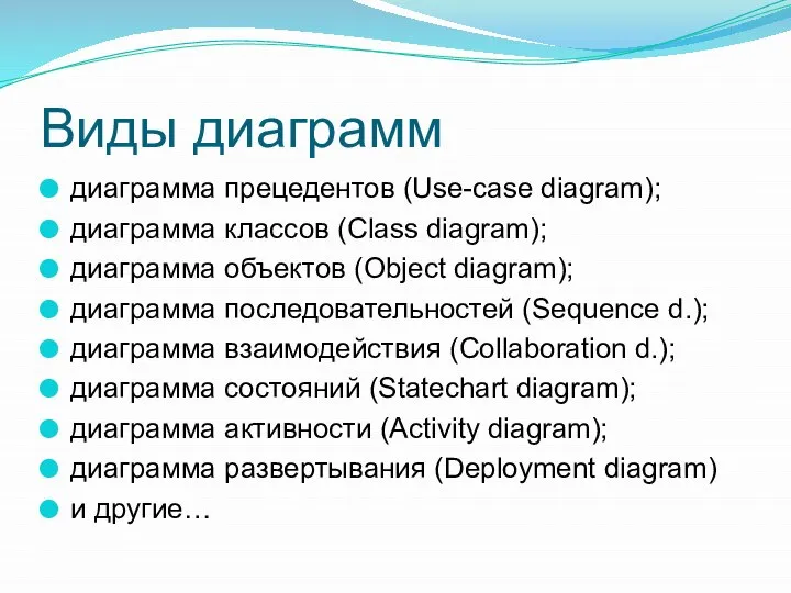 Виды диаграмм диаграмма прецедентов (Use-case diagram); диаграмма классов (Class diagram); диаграмма объектов