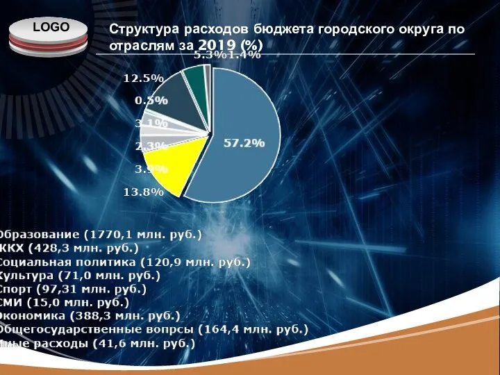 Структура расходов бюджета городского округа по отраслям за 2019 (%)