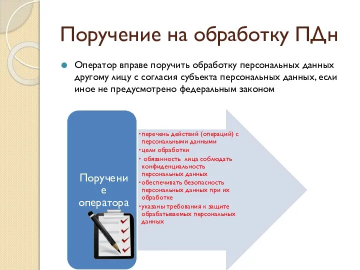 Поручение на обработку ПДн Оператор вправе поручить обработку персональных данных другому лицу