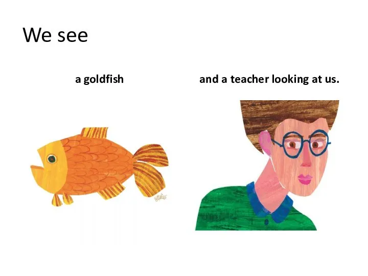 We see a goldfish and a teacher looking at us.