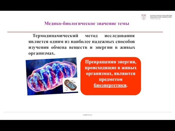 medkrmu.kz Медико-биологическое значение темы Термодинамический метод исследования является одним из наиболее надежных