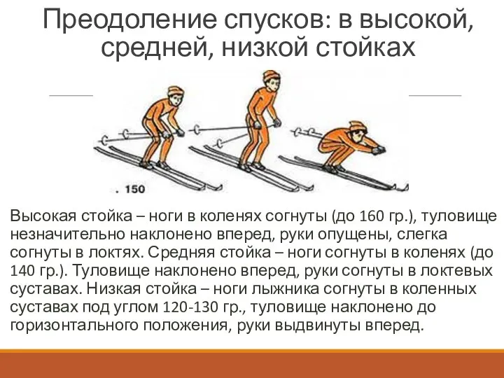 Преодоление спусков: в высокой, средней, низкой стойках Высокая стойка – ноги в