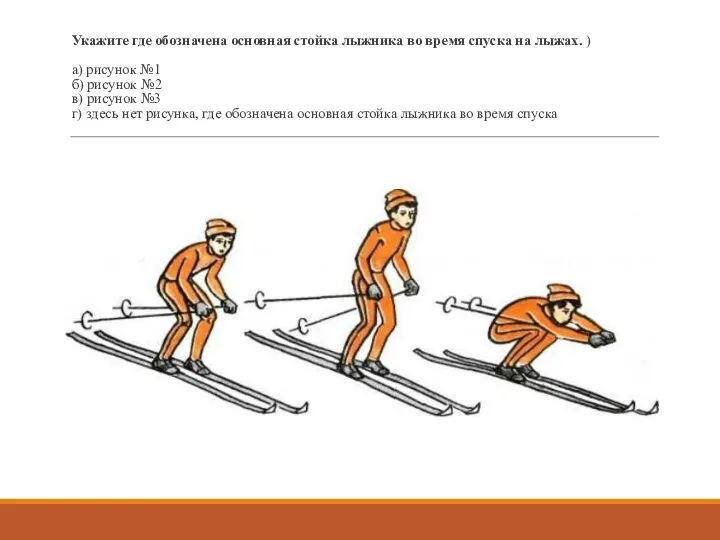Укажите где обозначена основная стойка лыжника во время спуска на лыжах. )