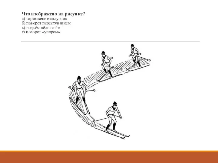 Что изображено на рисунке? а) торможение «плугом» б) поворот переступанием в) подъём «ёлочкой» г) поворот «упором»