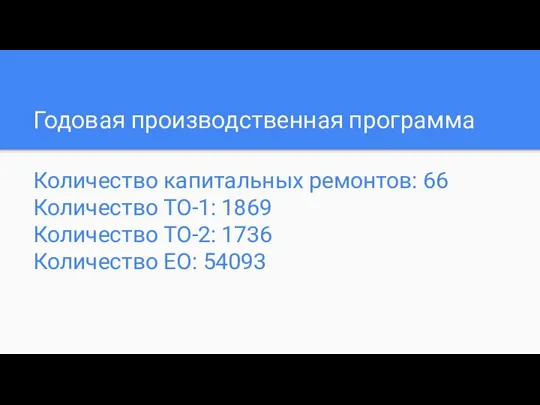 Годовая производственная программа Количество капитальных ремонтов: 66 Количество ТО-1: 1869 Количество ТО-2: 1736 Количество ЕО: 54093