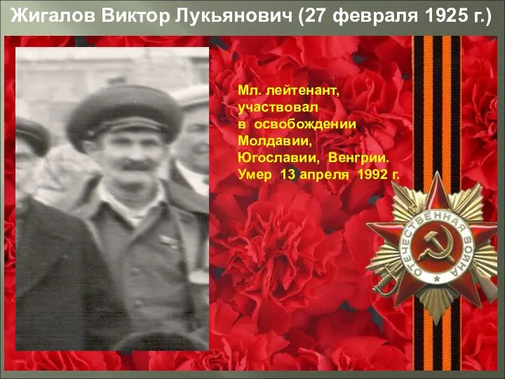 Мл. лейтенант, участвовал в освобождении Молдавии, Югославии, Венгрии. Умер 13 апреля 1992