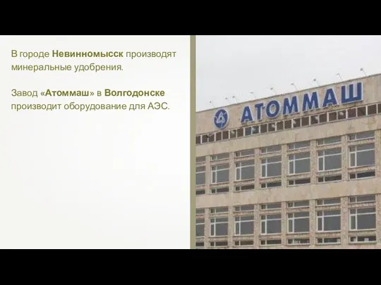 В городе Невинномысск производят минеральные удобрения. Завод «Атоммаш» в Волгодонске производит оборудование для АЭС.