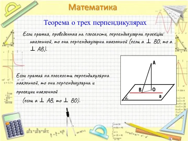 Теорема о трех перпендикулярах Если прямая, проведенная на плоскости, перпендикулярна проекции наклонной,