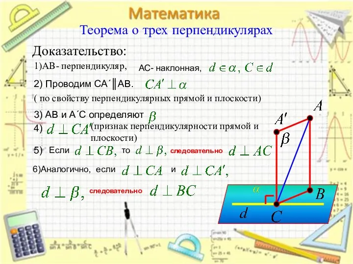 Теорема о трех перпендикулярах Доказательство: 1)АВ- перпендикуляр, 2) Проводим СА´║АВ. ( по