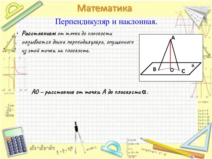 Перпендикуляр и наклонная. Расстоянием от точки до плоскости называется длина перпендикуляра, опущенного