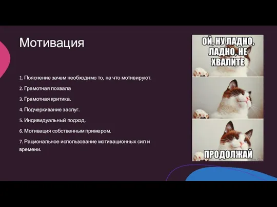 Мотивация 1. Пояснение зачем необходимо то, на что мотивируют. 2. Грамотная похвала