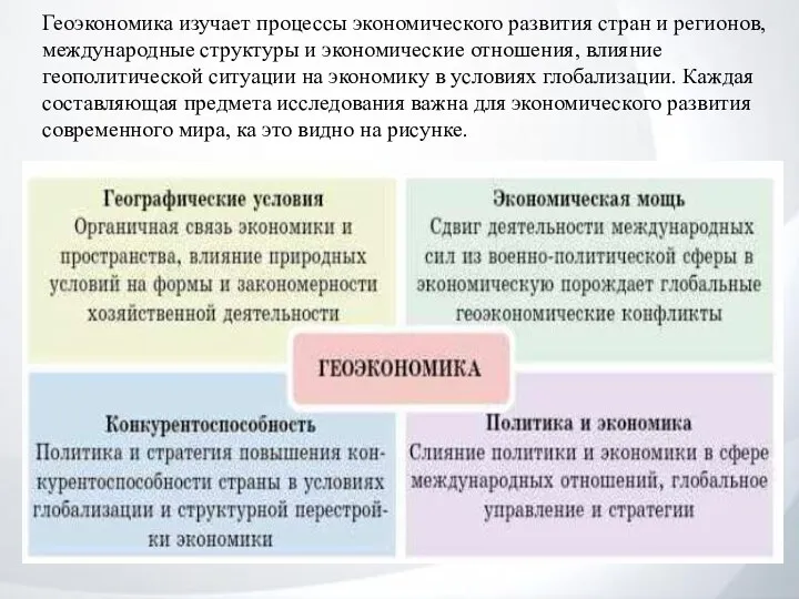 Геоэкономика изучает процессы экономического развития стран и регионов, международные структуры и экономические