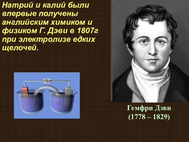 Натрий и калий были впервые получены английским химиком и физиком Г. Дэви