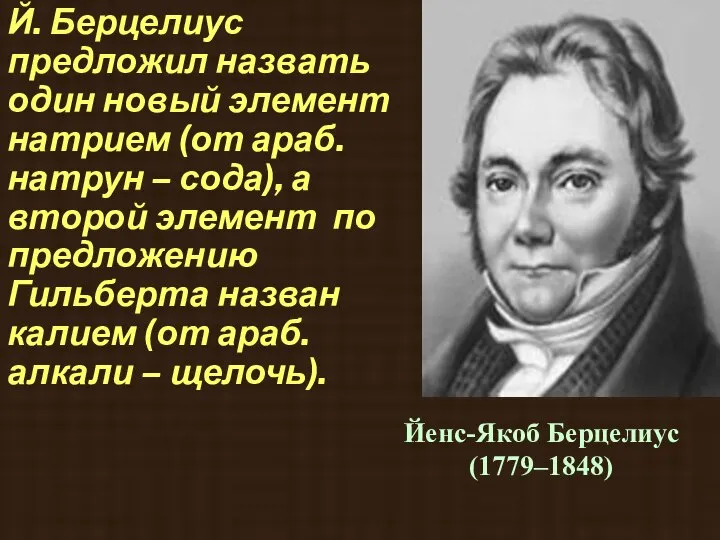 Й. Берцелиус предложил назвать один новый элемент натрием (от араб. натрун –