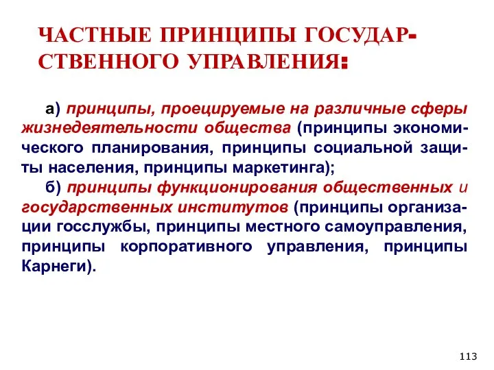 ЧАСТНЫЕ ПРИНЦИПЫ ГОСУДАР-СТВЕННОГО УПРАВЛЕНИЯ: а) принципы, проецируемые на различные сферы жизнедеятельности общества