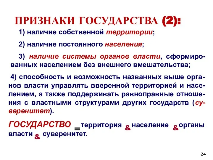 ПРИЗНАКИ ГОСУДАРСТВА (2): 1) наличие собственной территории; 2) наличие постоянного населения; 3)