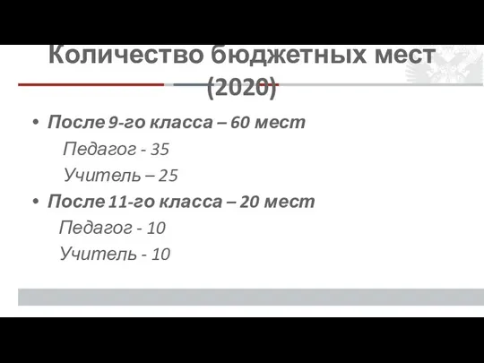 Количество бюджетных мест (2020) После 9-го класса – 60 мест Педагог -