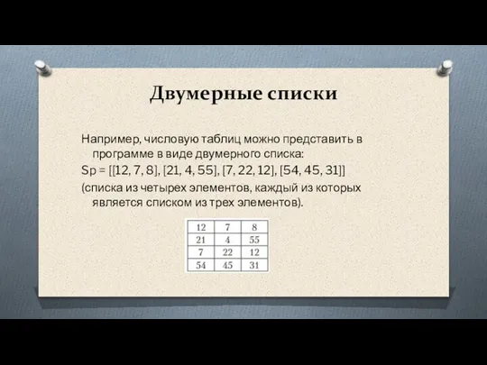 Двумерные списки Например, числовую таблиц можно представить в программе в виде двумерного