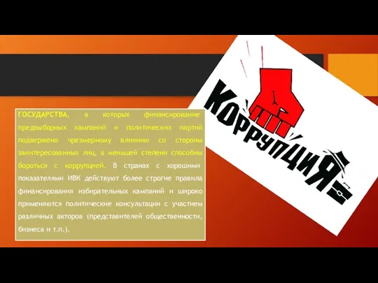 ГОСУДАРСТВА, в которых финансирование предвыборных кампаний и политических партий подвержено чрезмерному влиянию