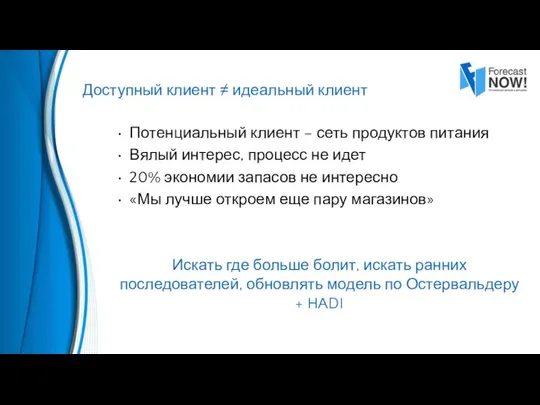 Потенциальный клиент – сеть продуктов питания Вялый интерес, процесс не идет 20%