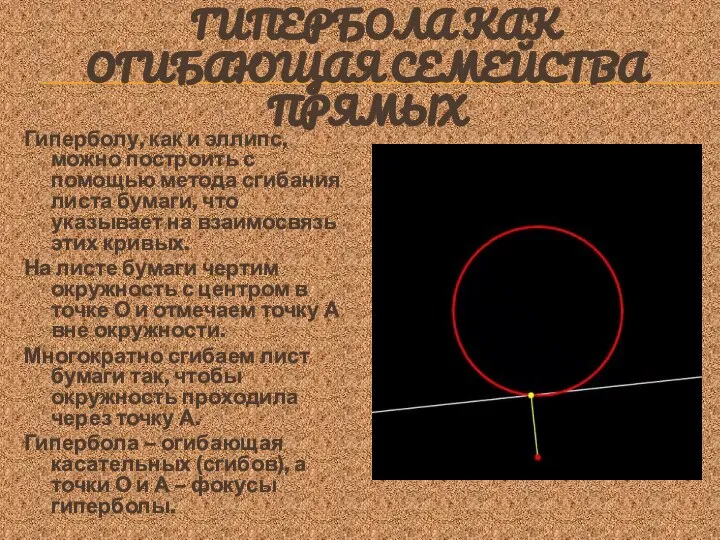 ГИПЕРБОЛА КАК ОГИБАЮЩАЯ СЕМЕЙСТВА ПРЯМЫХ Гиперболу, как и эллипс, можно построить с