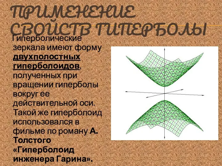 ПРИМЕНЕНИЕ СВОЙСТВ ГИПЕРБОЛЫ Гиперболические зеркала имеют форму двухполостных гиперболоидов, полученных при вращении