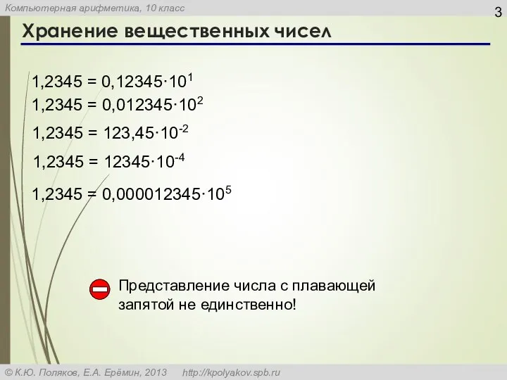 Хранение вещественных чисел 1,2345 = 0,12345·101 1,2345 = 0,012345·102 Представление числа с