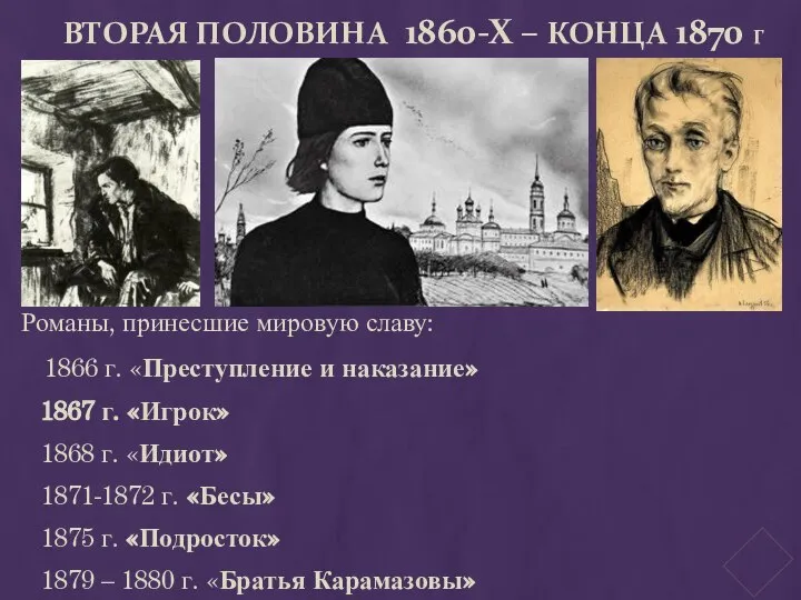 ВТОРАЯ ПОЛОВИНА 1860-Х – КОНЦА 1870 Г Романы, принесшие мировую славу: 1866