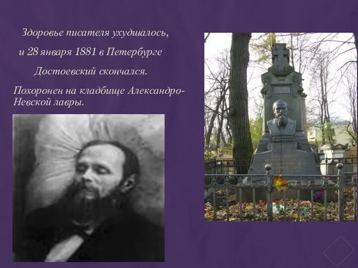Здоровье писателя ухудшалось, и 28 января 1881 в Петербурге Достоевский скончался. Похоронен на кладбище Александро-Невской лавры.