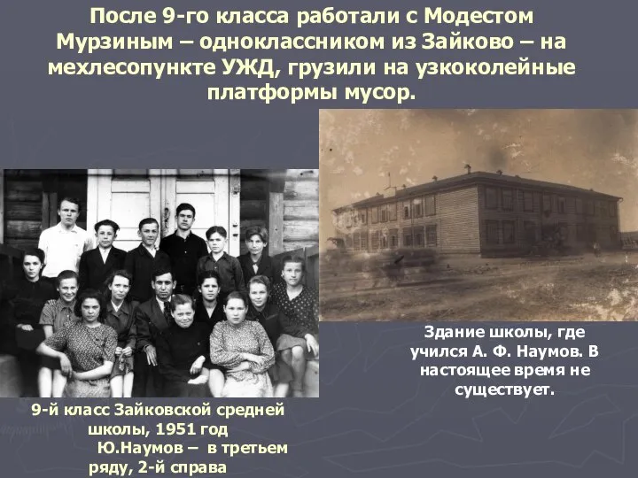9-й класс Зайковской средней школы, 1951 год Ю.Наумов – в третьем ряду,