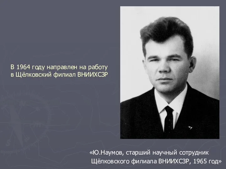 В 1964 году направлен на работу в Щёлковский филиал ВНИИХСЗР «Ю.Наумов, старший