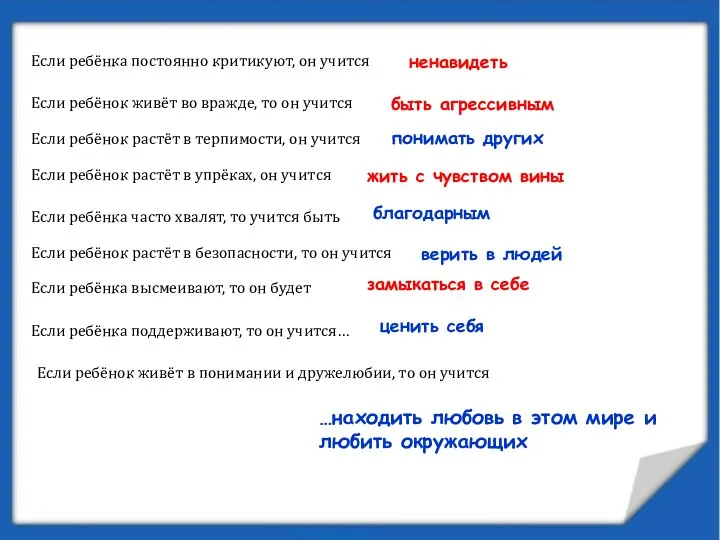 Если ребёнка постоянно критикуют, он учится ненавидеть Если ребёнок живёт во вражде,