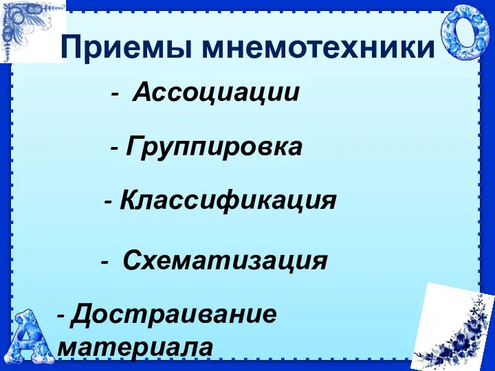 Приемы мнемотехники - Ассоциации - Группировка - Классификация - Схематизация - Достраивание материала