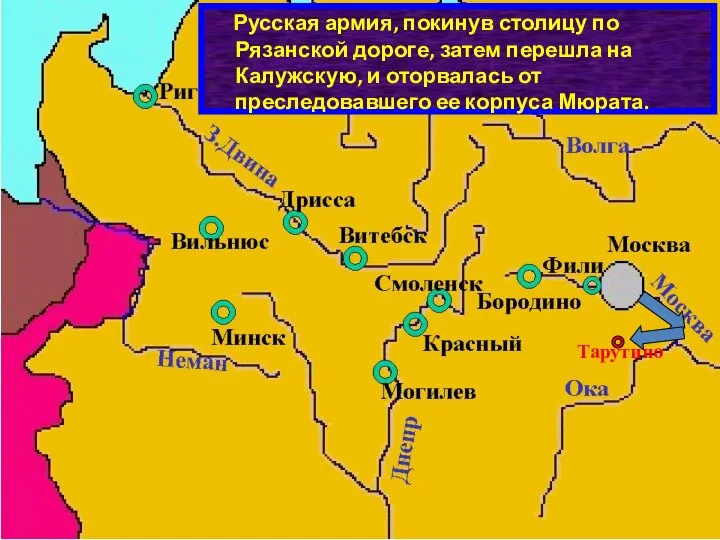Русская армия, покинув столицу по Рязанской дороге, затем перешла на Калужскую, и