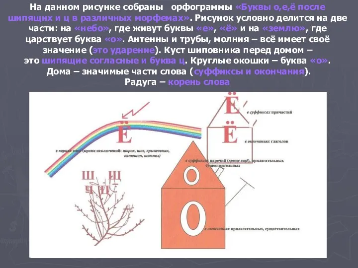 На данном рисунке собраны орфограммы «Буквы о,е,ё после шипящих и ц в